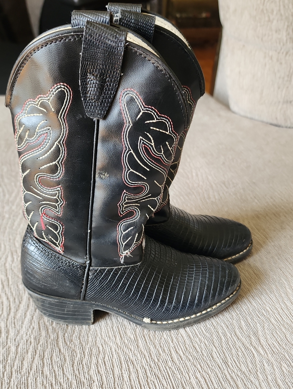 Vintage Texas Boot Company Kids Black Leather Cowboy Boots Lizard Print Size 10.